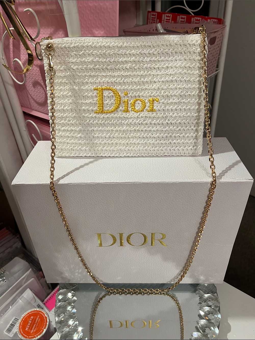 Dior Summer Woven Pouch with Gold Chain Attached